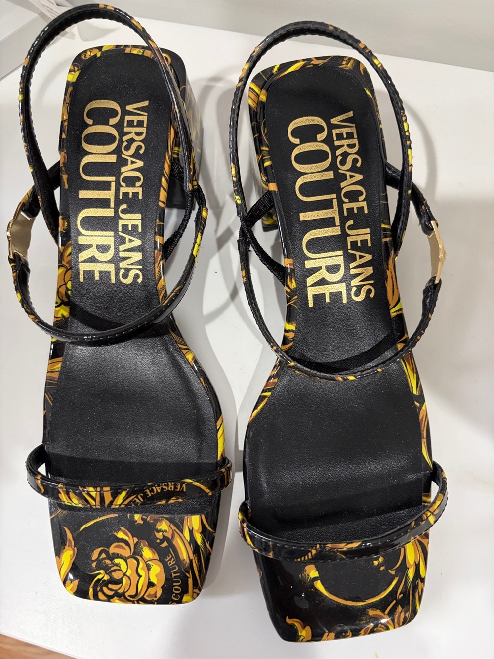 Versace Jeans Collection Black and Gold Baroque Strap Heels